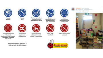 #ewakuacjaboners a naklejki z informacją o zakazie fotografowania i filmowania w sklepach Biedronka