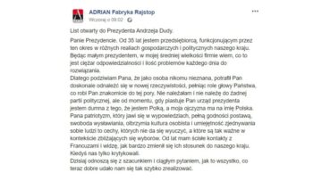 Właścicielka firmy Adrian opublikowała na Facebooku list otwarty do Andrzeja Dudy